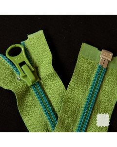 Zip YKK spirálový vel. 5 - zelený s modrým prošitím dělitelný kovový boxík - 63 cm